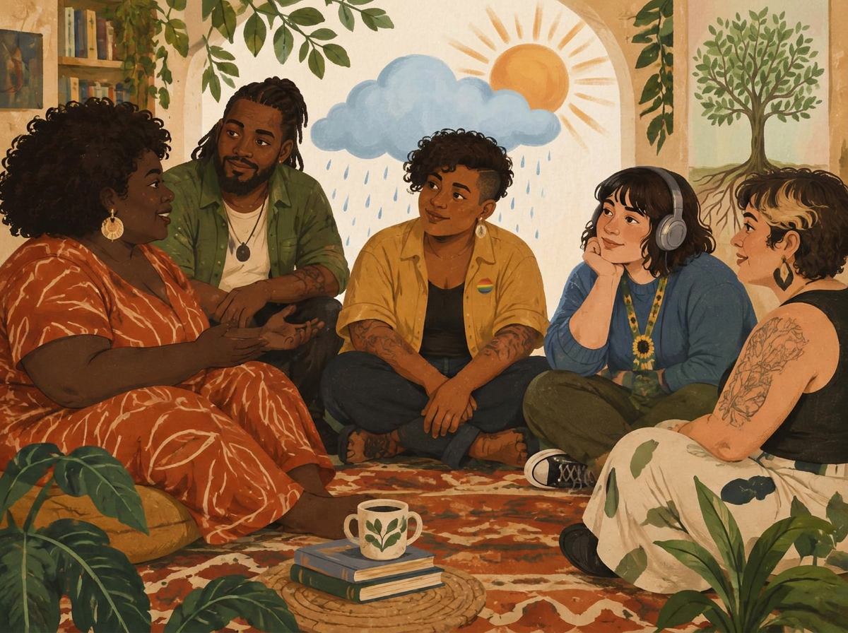 Grupo diverso de pessoas em uma conversa acolhedora e atenta